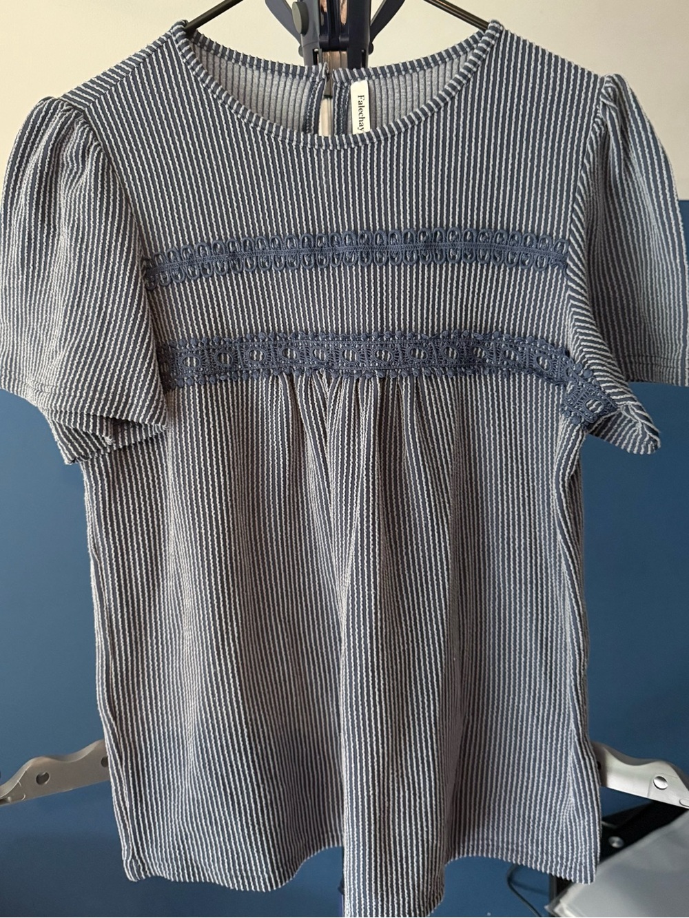 Falechay Women’s Large Blue White Striped Puff Sleeve Crochet Trim Blouse